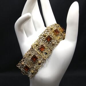 1920s Art Deco Filigree Bracelet Czech Topaz Glass Wide Brass Panels